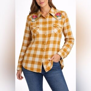 Wrangler Buffalo Plaid Snap Front Shirt XL Mustard Floral Western